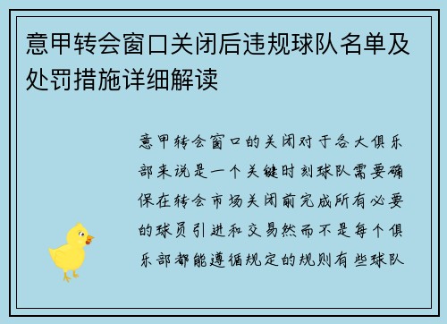 意甲转会窗口关闭后违规球队名单及处罚措施详细解读