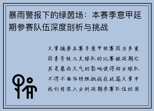 暴雨警报下的绿茵场：本赛季意甲延期参赛队伍深度剖析与挑战