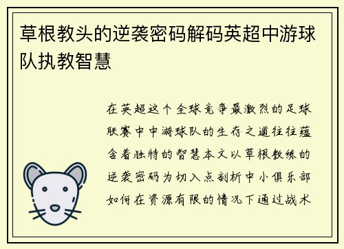 草根教头的逆袭密码解码英超中游球队执教智慧